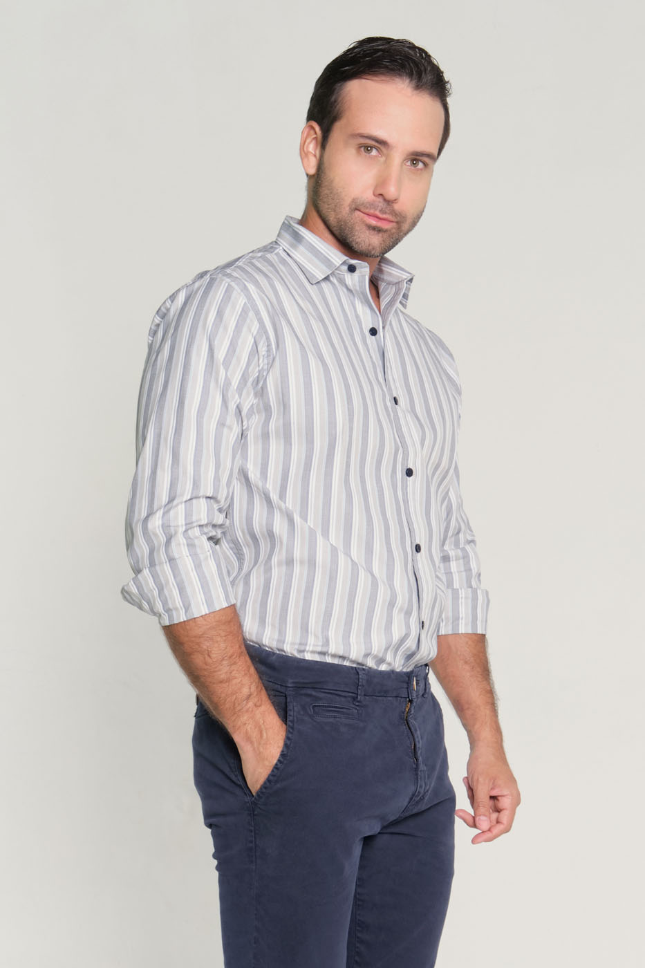 Camisa Slim Algodón Raya Gris