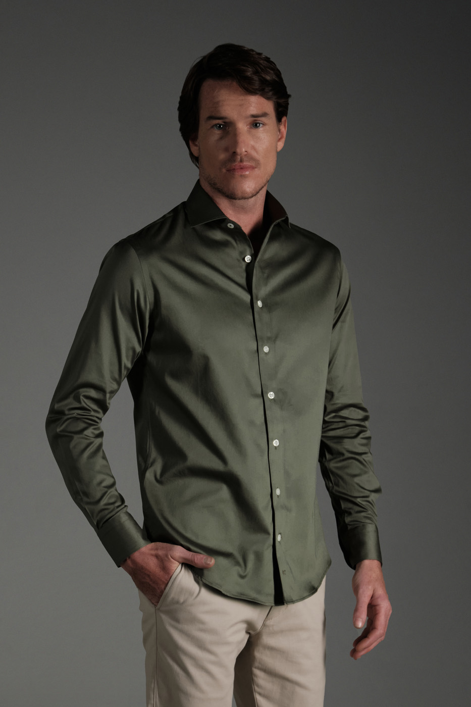 Camisa Slim Algodón Pima Verde Militar