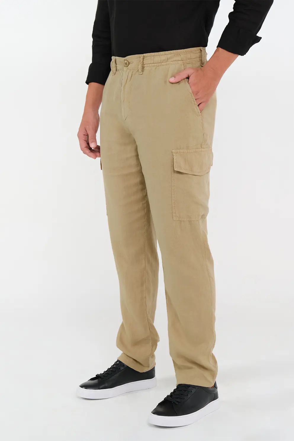 Pantalón Cargo Slim Fit 100% Lino Beige