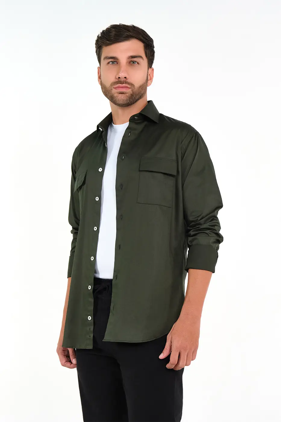 Camisa Slim Fit 100% Algodón Verde Militar